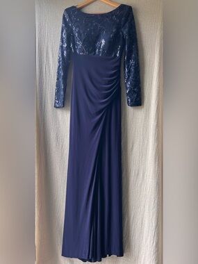 Vince Camuto Navy Long Sleeve Sequin Bodice Gown